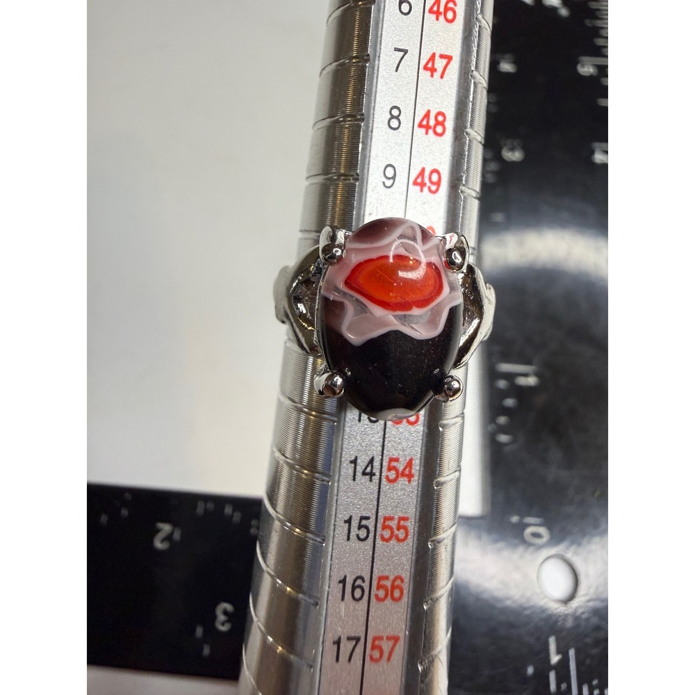 Artisan Red Black White Swirl Cabochon Statement Ring Silver Tone Size 5.75